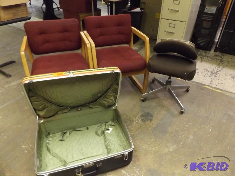 lot 220 image: suitcase, desk chair and two office chairs...
