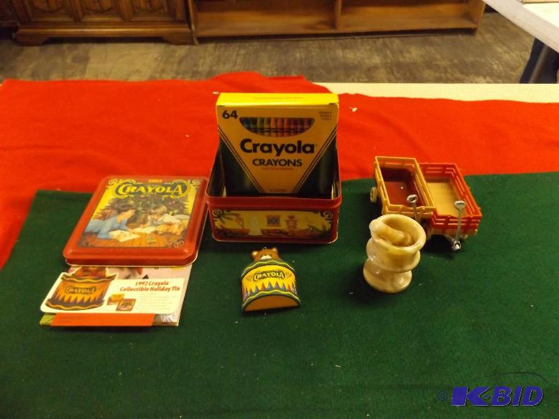 lot 252 image: Crayola Tin with Crayons, two mini wagons and...