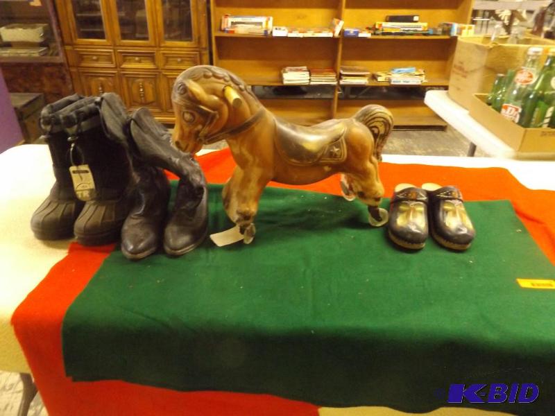 lot 64 image: old toy horse on wheels, shoes and boots...