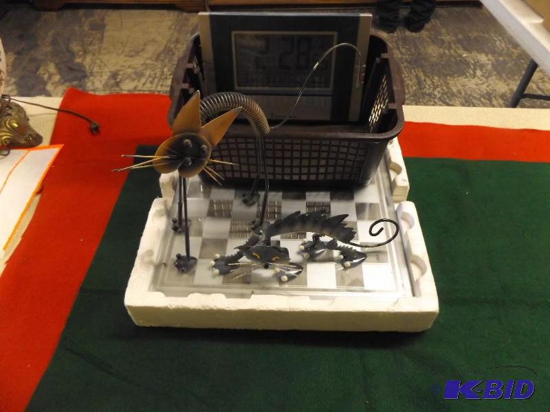 lot 67 image: Chess Board, basket, clock, decorative cats...