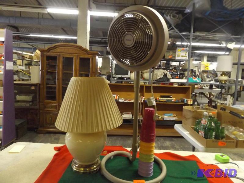lot 77 image: Floor Fan, Lamp and stacking cups....