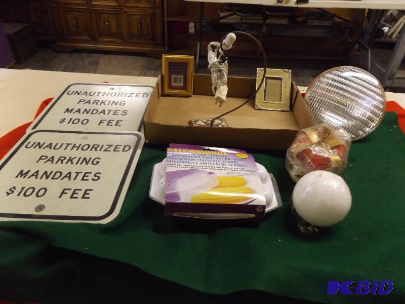 lot 84 image: mixed lot, two Parking signs, Microwave Corn ...