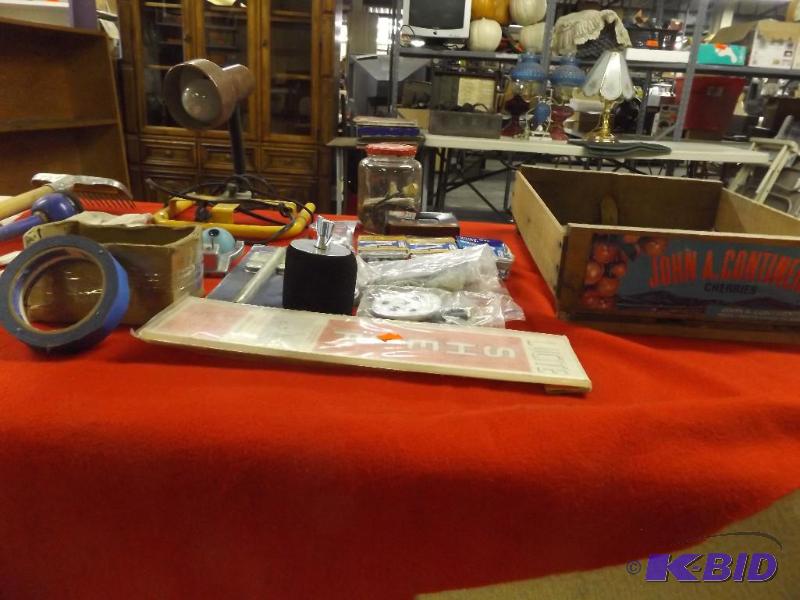 lot 98 image: small crate of hardware items, and misc...