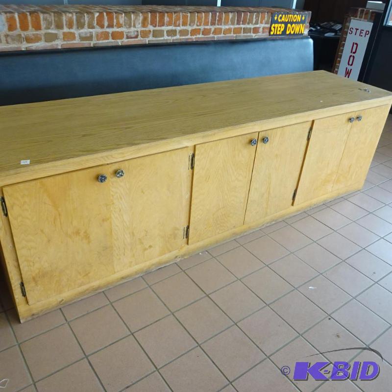 lot 149 image: Wood Cabinet 6 Doors 97 X 25 X 29 No Contents...