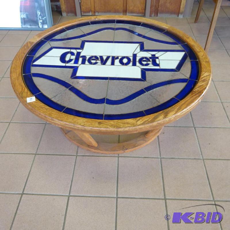 lot 183 image: Decortive Round Chevrolet Stained Glass Table...