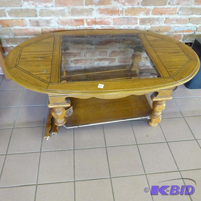 lot 186 image: Wood and Glass Oval Coffee Table. 1 Leg Needs...