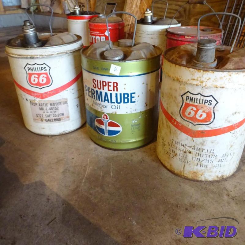 lot 222 image: 3 Vintage 5 gal. Oil Cans...