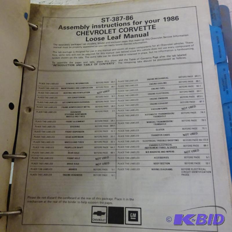lot 50 image: 1986 Corvette Loose Leaf 4 Ring Binder Repair...