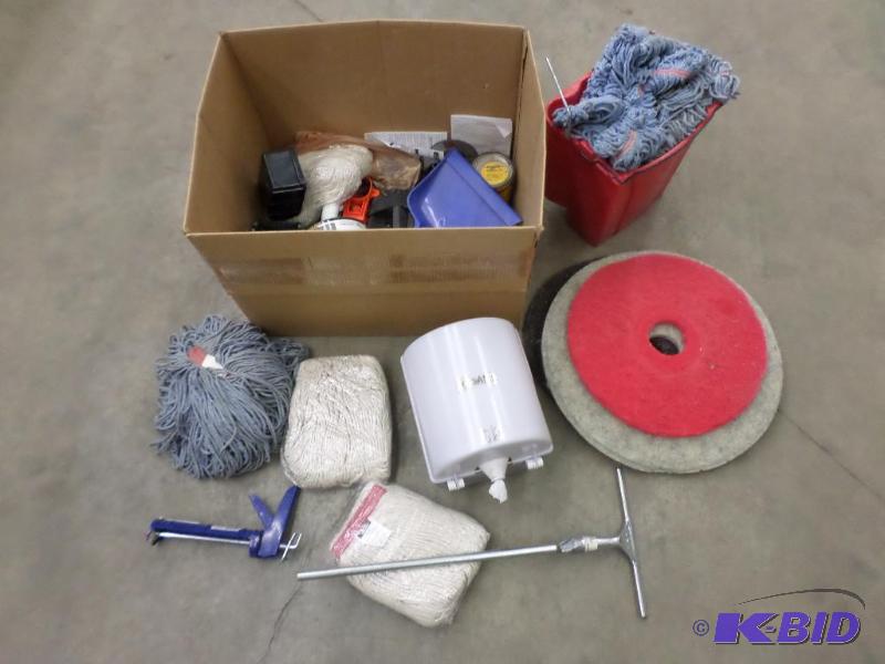 lot 28 image: Box Of Assorted Mop Heads, Towel Dispenser, ...