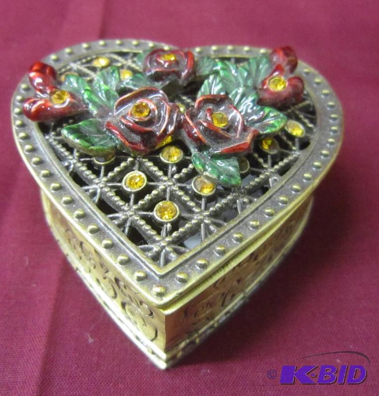 NEW  Jeweled Dresser Box Heart with Flowers Brass