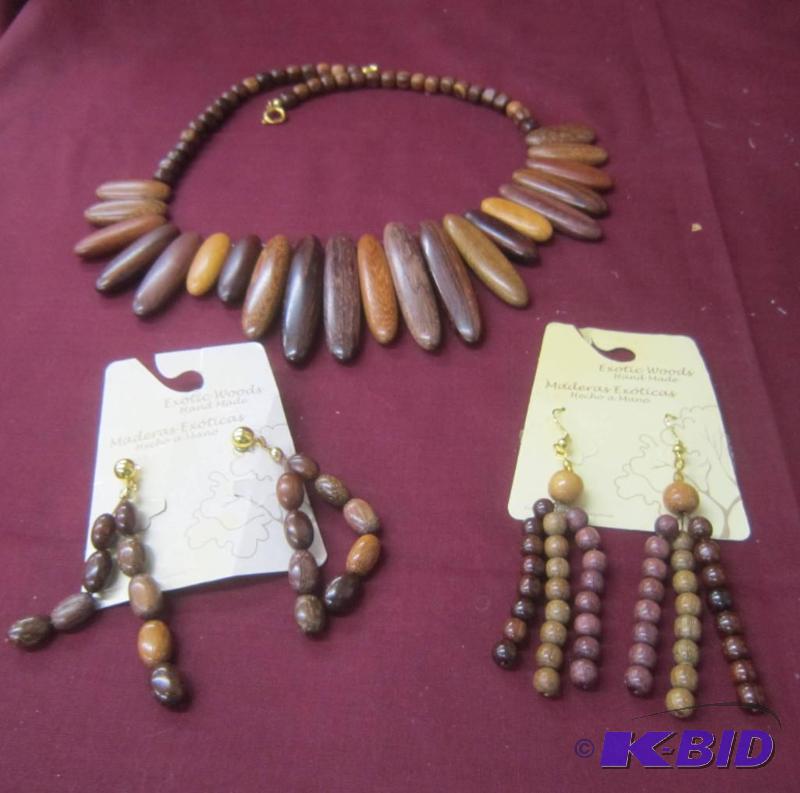 Wood Necklace, and 2 Earrings Set