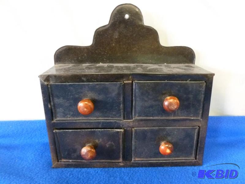lot 120 image: Vintage four drawer metal wall spice rack....