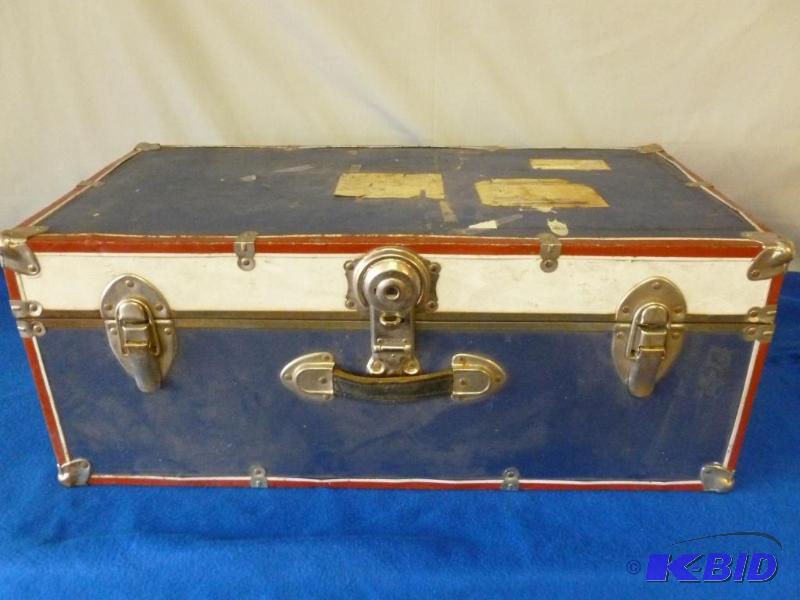 lot 130 image: Vintage red, white and blue storage trunk tha...