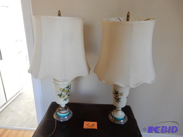 2 Matching Table Lamps. Porcelain and Chrome Base with Yellow Floral Design