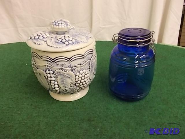 Blue Glass Biscuit Jar, Ceramic Cookie Jar...