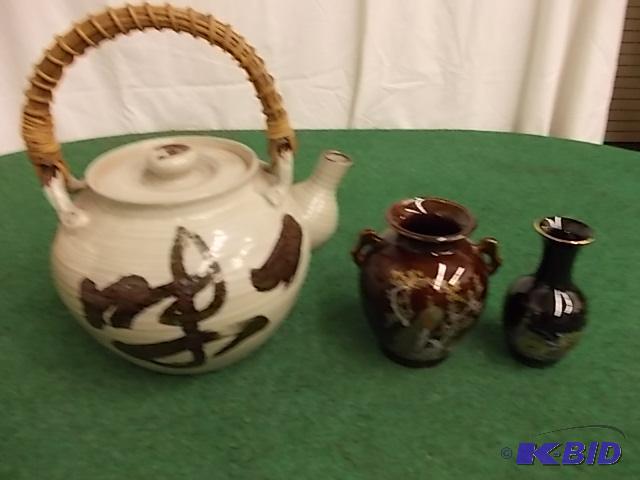 Large Asian Pottery Tea Pot, 2-Asian Vases...