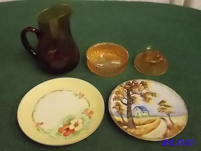 Brown Glass Pitcher, Painted Plates, More...