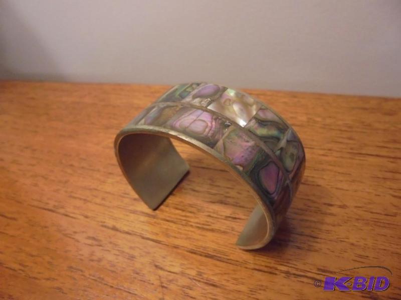 lot 11 image: Alpaca Silver mother of pearl inlay cuff brac...
