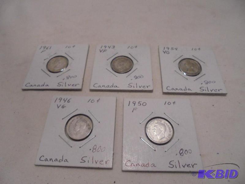 lot 58 image: Lot of (5) Canadian, .800 Silver Dimes.  ...