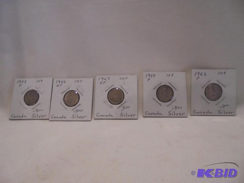 lot 59 image: Lot of (5) Canadian, .800 Silver Dimes.  ...