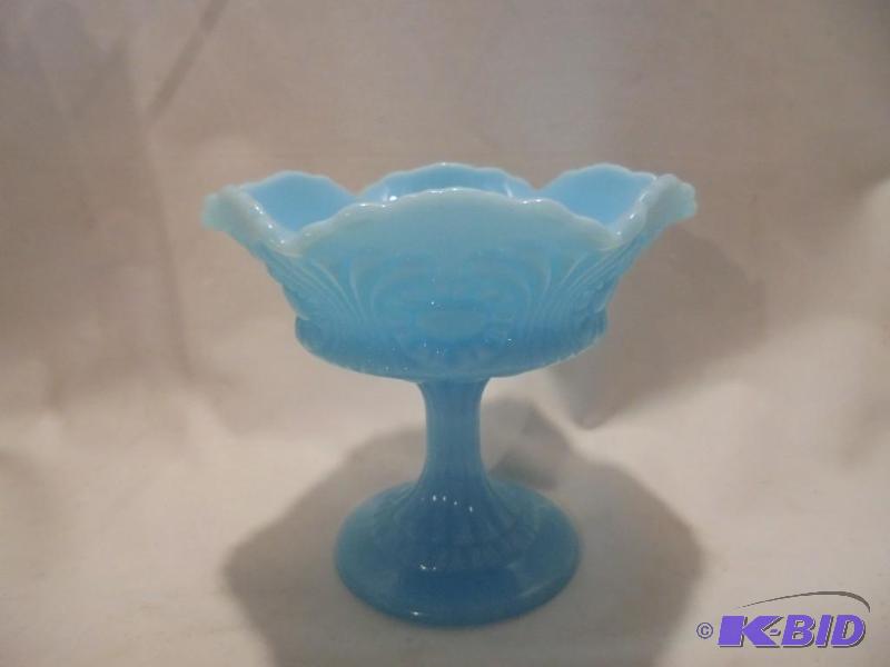 lot 71 image: 6 inch blue translucent Fenton compote.  ...