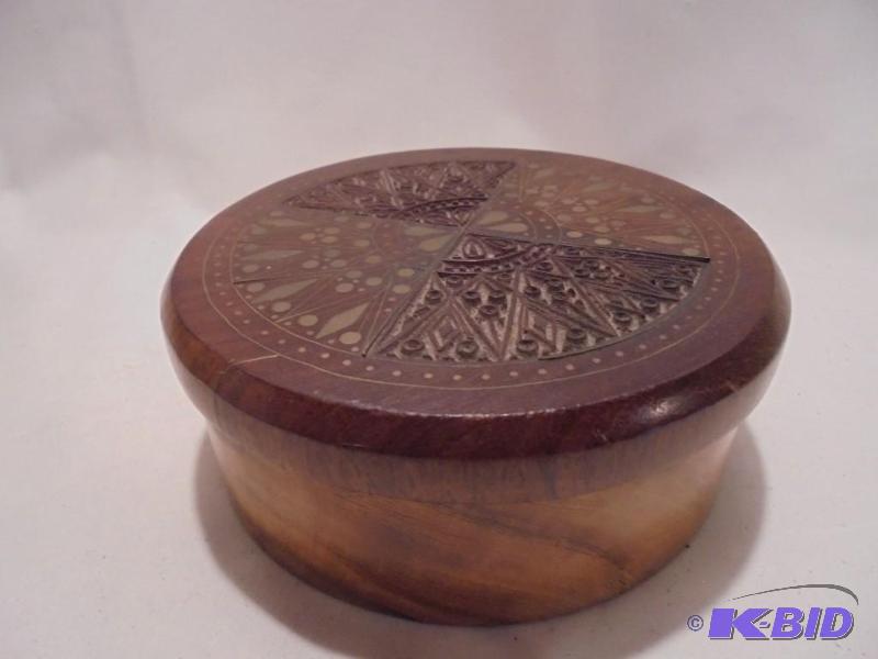 lot 79 image: Hand carved Brass inlay 6 inch trinket box. &...