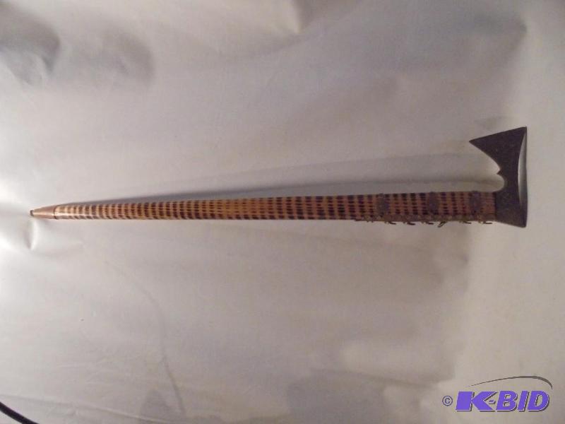 lot 87 image: 24 inch exotic wood and brass tribal weapon. ...