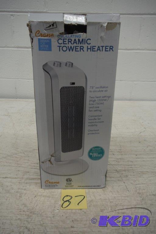 lot 87 image: Crane USA EE-7588W Crane Ceramic Tower Heater, White, 19 Inch