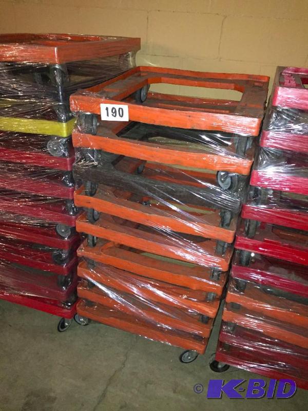 lot 190 image: Lot of 9 plastic rolling cart units. Many use...