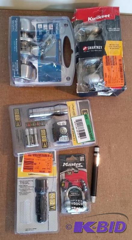 6 Item Lot Replacement Door Handles and Keys, LED Flashlights, Pen light and Combination Master lock