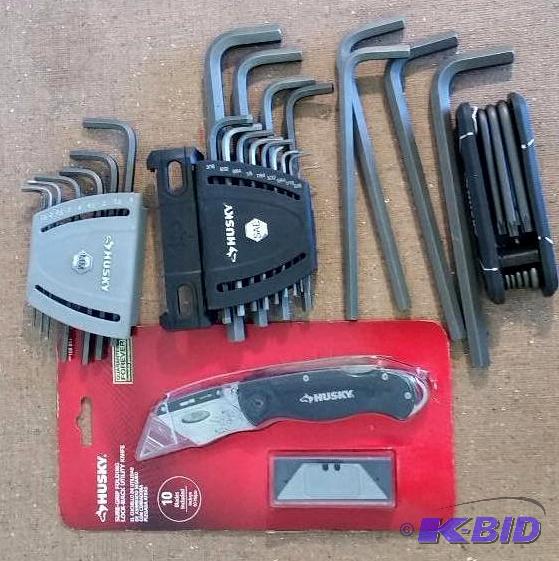 8 item lot.  Husky tools, Allen Wrench sets,  Husky utility knife, 2 smoke alarms and pair of gloves