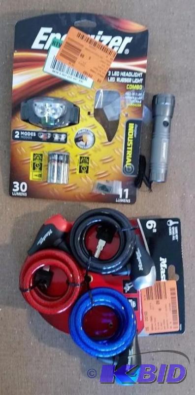 6 item lot.  Master lock cable Lock and keys, Flashlights, Smoke alarm and CO Alarm, Gloves