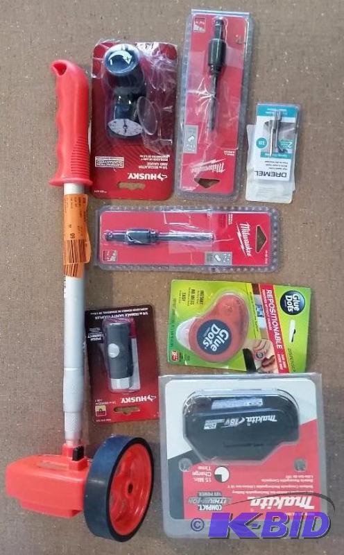 8 item lot.  Lurfkin measuring wheel, Milwaukee drill bits, and more