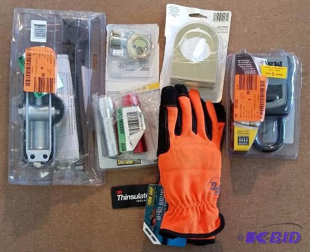 6 item lot.  Hydraulic Door Closer, Replacement Door parts, Master lock and keys and more