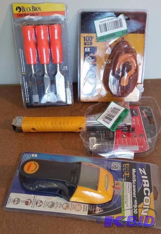 4 item lot Roofing Contractors Stapler, Wood Chisel Set, Dewalt Chalkline, Zircon Multiscanner