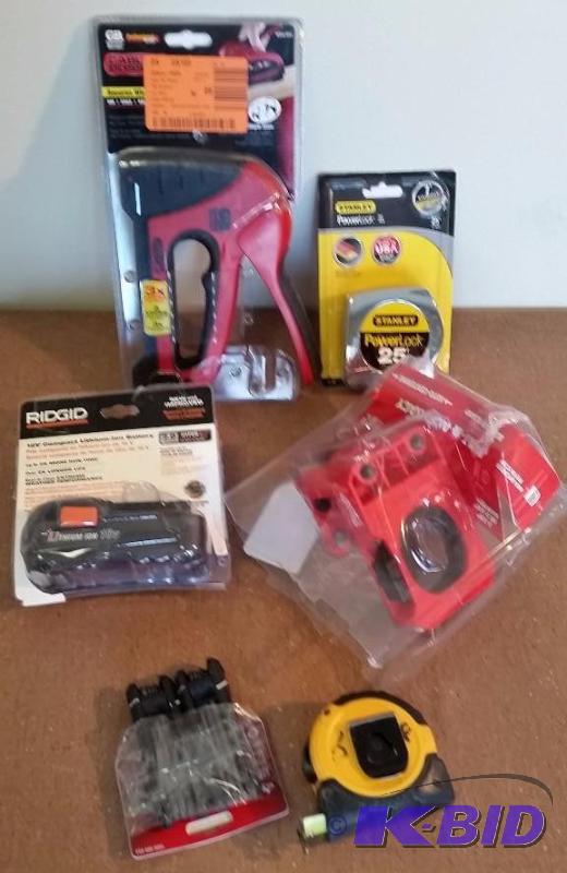 6 item lot Cable Boss Staple gun, Ridgid 18v battery, Measuring tapes, and more