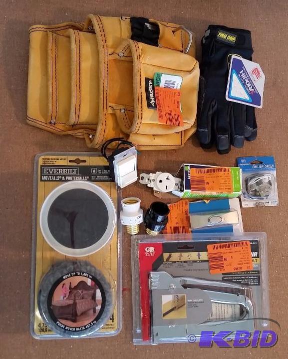 10 item lot  Husky tool belt, furniture movers, electrical replacement parts, stapler