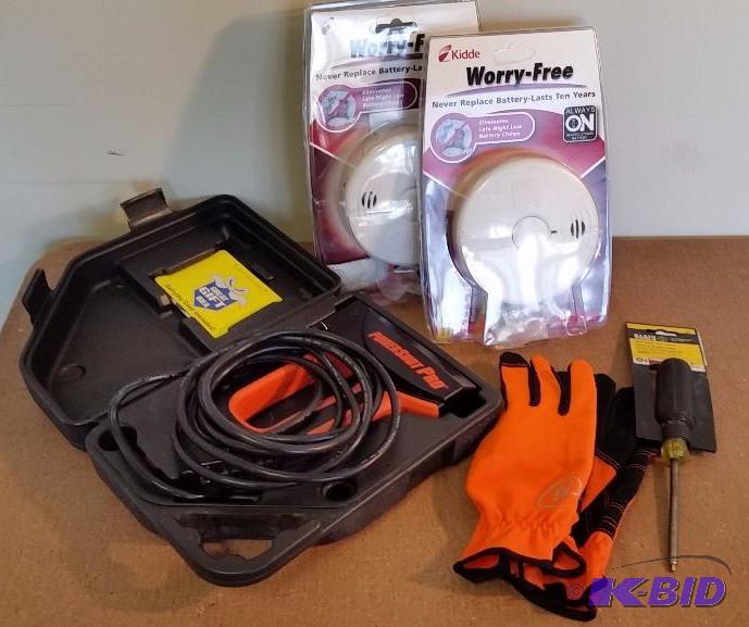 5 item lot  2 Smoke detectors, Electric Staple Gun, Gloves, Square tip screwdriver