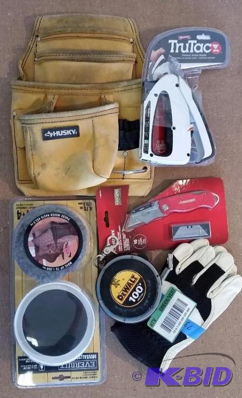 6 item lot.  Husky Tool belt, Furniture movers, Dewalt 100ft Tape measure, and more