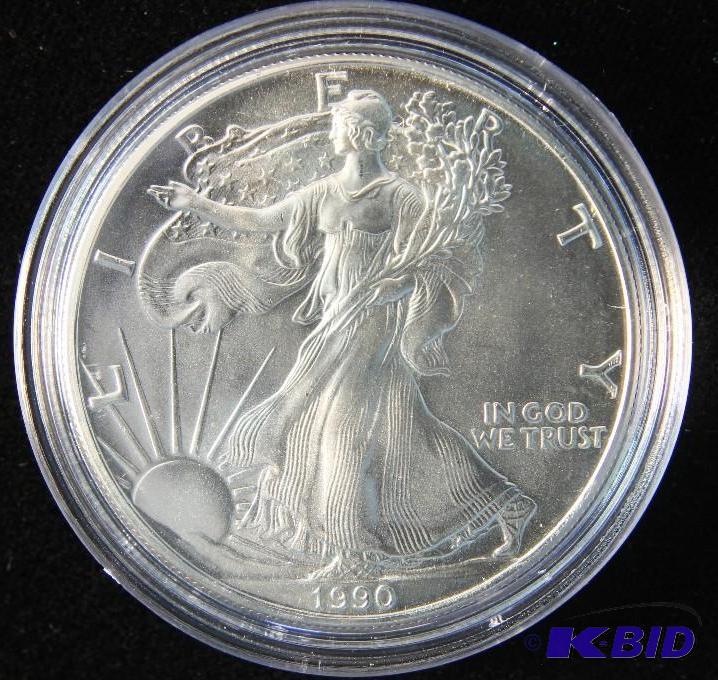 1990 US SILVER EAGLE GEM UNC 1 TROY Oz. .999 FINE SILVER IN AIRTIGHT HOLDER