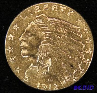 1912 INDIAN US $2.50 GOLD PIECE AU