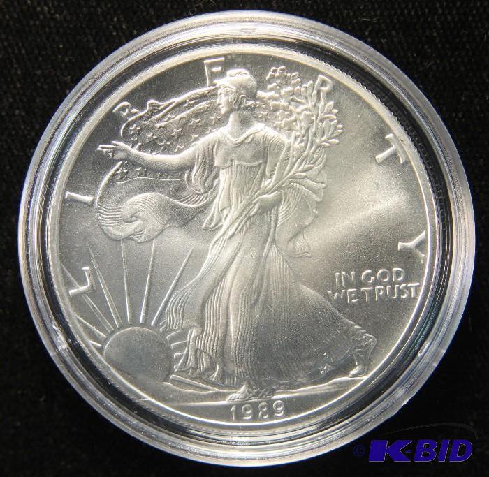 1989 US SILVER EAGLE UNC 1 TROY Oz. .999 FINE SILVER IN AIRTIGHT HOLDER