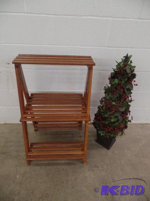 lot 16 image: Solid Wood Plant Shelf and Decorative Plant