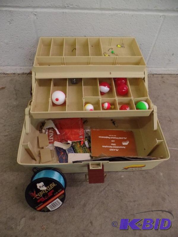 lot 25 image: Plano Tackle Box w Assortment of Hook, Bobbers, and Line