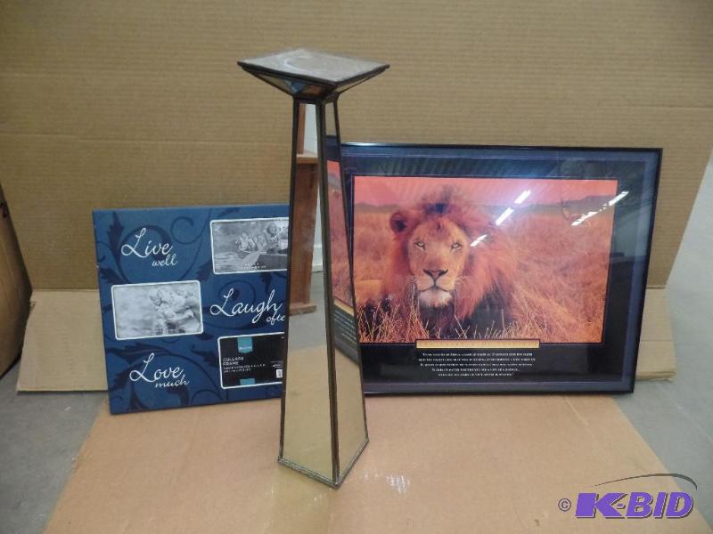 lot 34 image: 2 Framed Pieces and Decorative Candle Holder