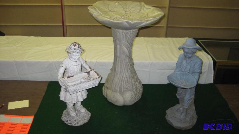Garden statues and bird bath...