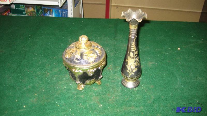 Metal Vase and covered dish...