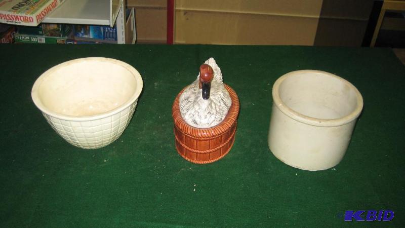 Duck Cookie Jar, small crock and a bowl...
