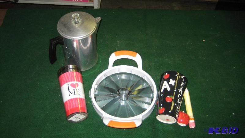 percolator Coffee pot, apple cutter, two mugs...