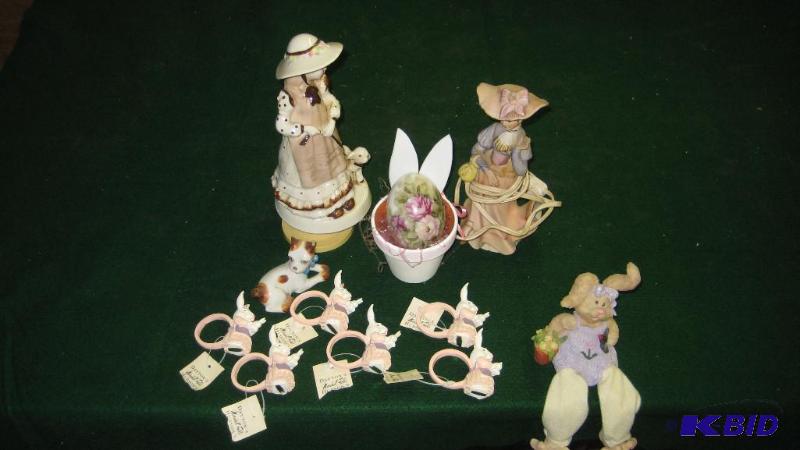 6 bunny napkin rings, bunny shelf sitter, two...